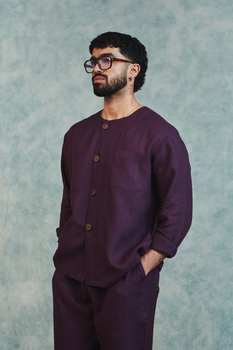 Plum Linen Men's Round Neck Shirt linen shirt by Saphed Men in plum for men in Singapore