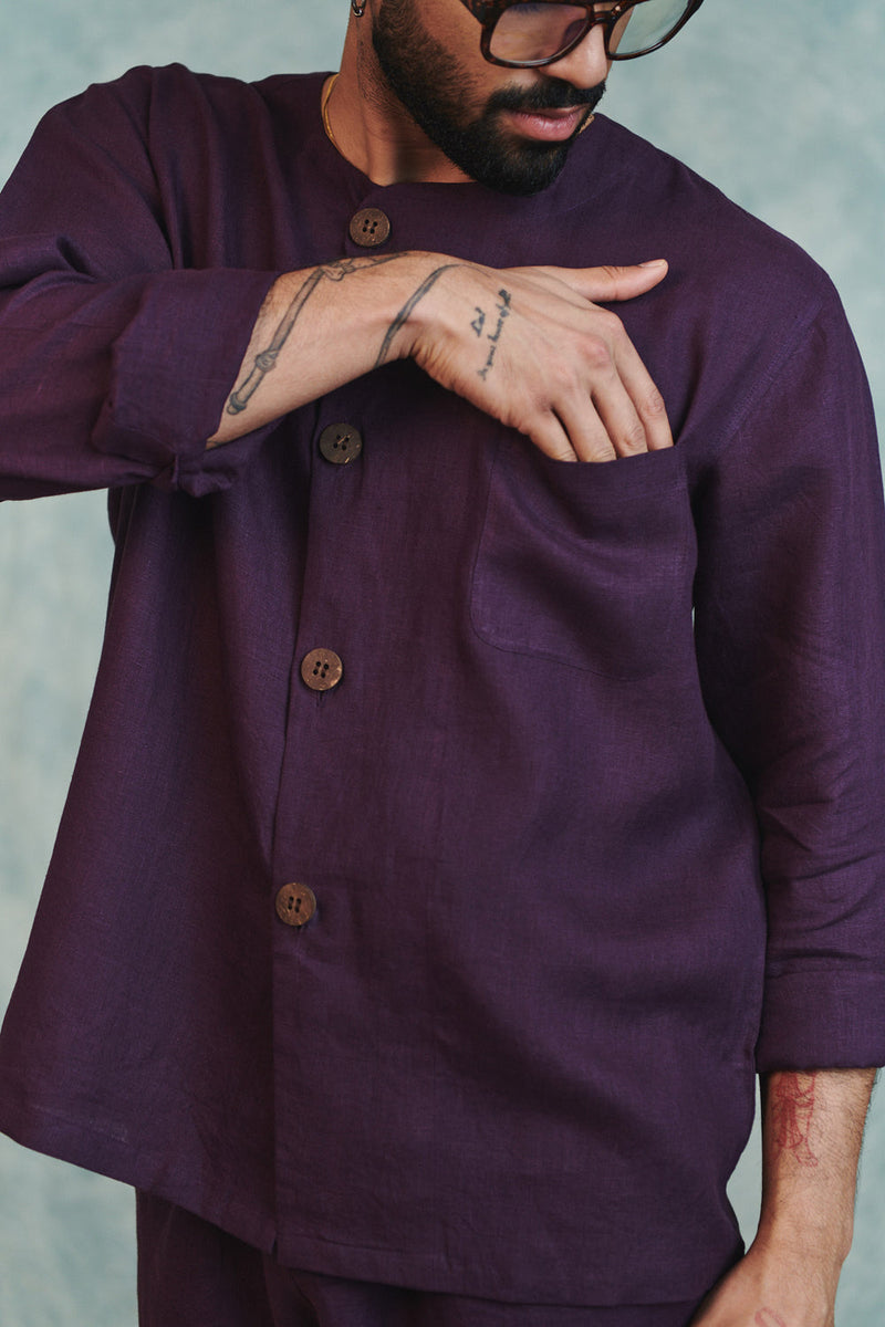 Plum Linen Men's Round Neck Shirt linen shirt by Saphed Men in plum for men in Singapore
