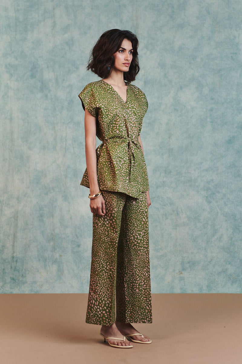 Blot Co Linen Sleeveless Wrap Blazer Set cotton linen co-ord set by Saphed in green for women in Singapore
