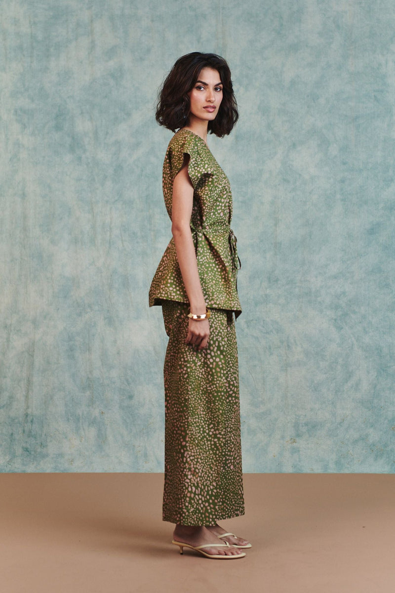 Blot Co Linen Sleeveless Wrap Blazer Set cotton linen co-ord set by Saphed in green for women in Singapore