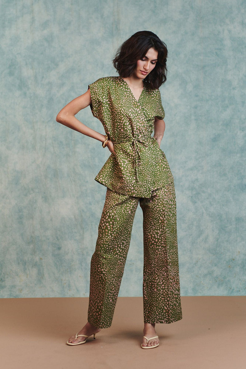 Blot Co Linen Sleeveless Wrap Blazer Set cotton linen co-ord set by Saphed in green for women in Singapore