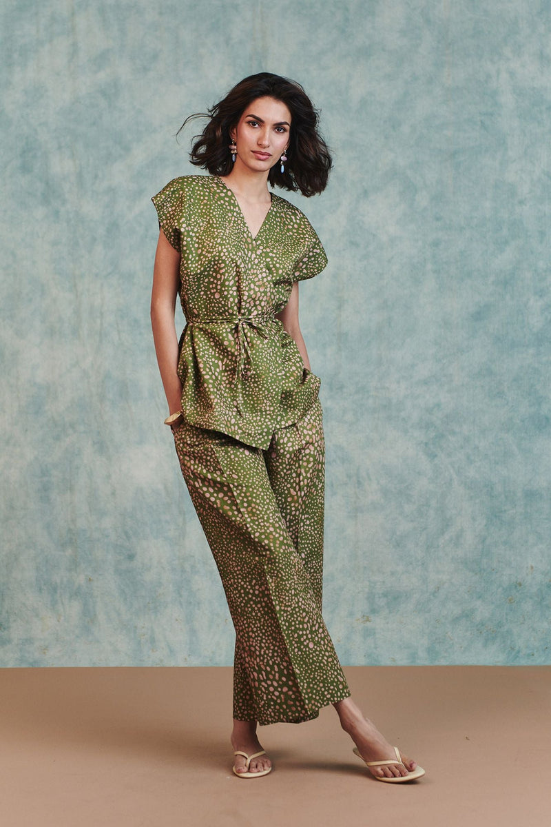 Blot Co Linen Sleeveless Wrap Blazer Set cotton linen co-ord set by Saphed in green for women in Singapore