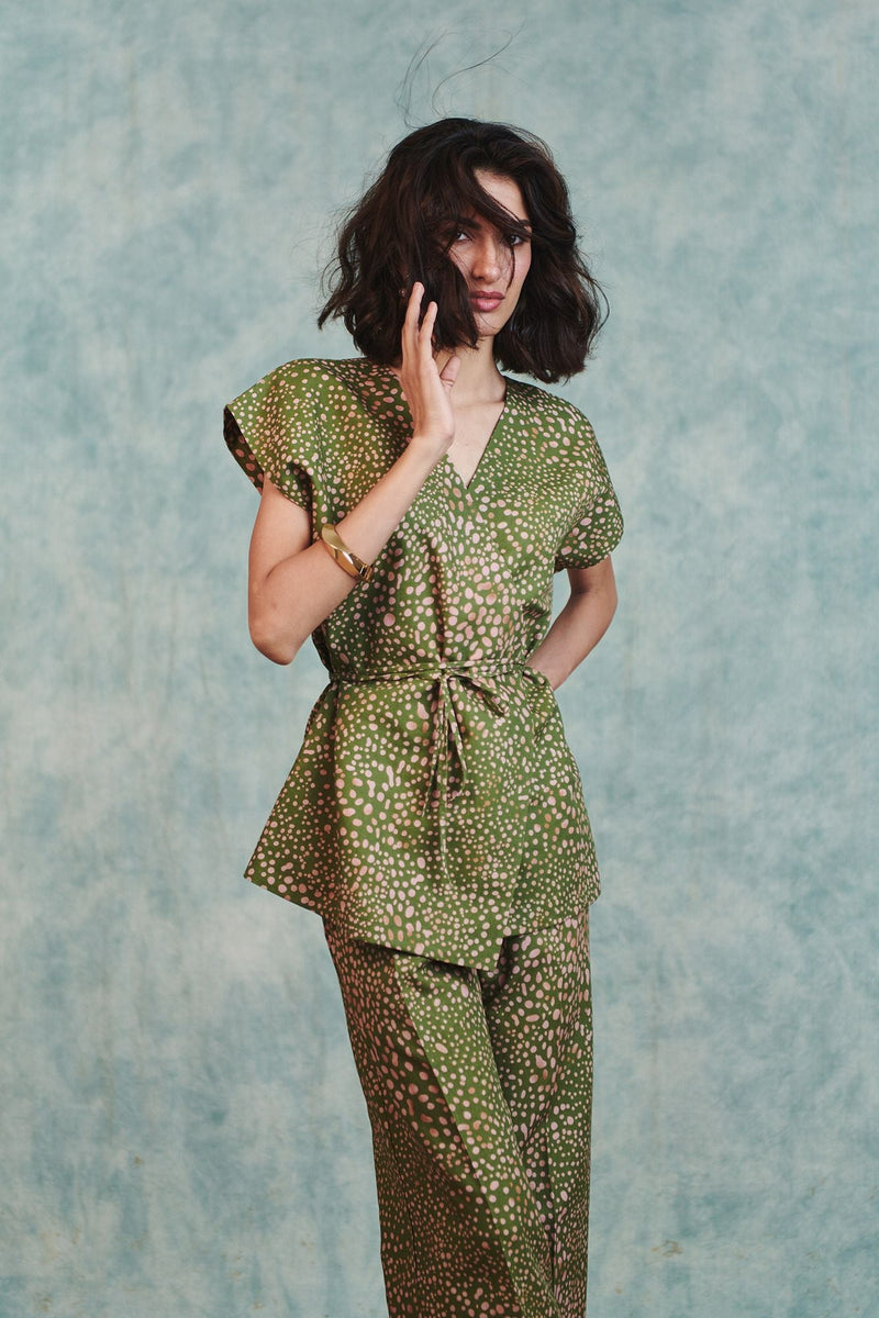 Blot Co Linen Sleeveless Wrap Blazer Set cotton linen co-ord set by Saphed in green for women in Singapore