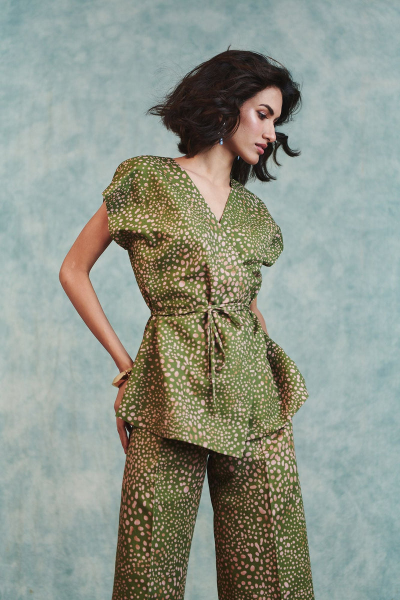 Blot Co Linen Sleeveless Wrap Blazer Set cotton linen co-ord set by Saphed in green for women in Singapore