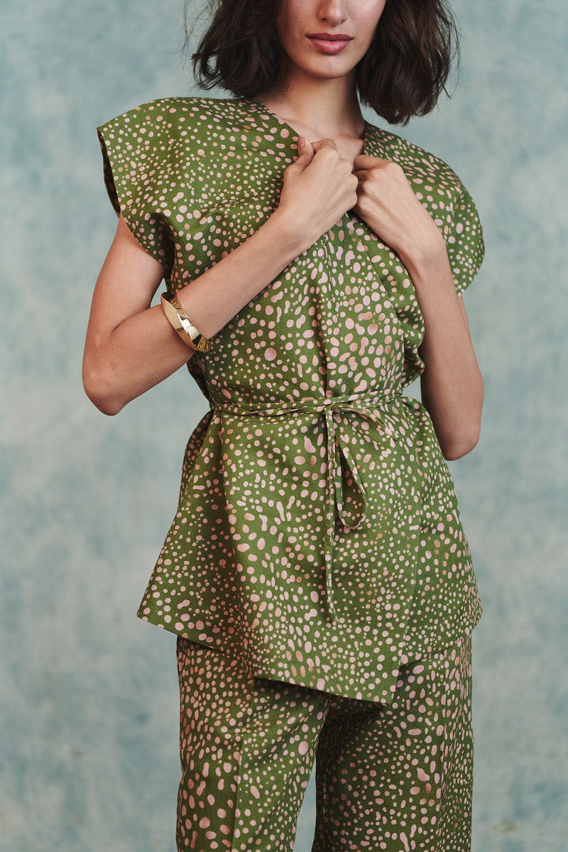 Blot Co Linen Sleeveless Wrap Blazer Set cotton linen co-ord set by Saphed in green for women in Singapore