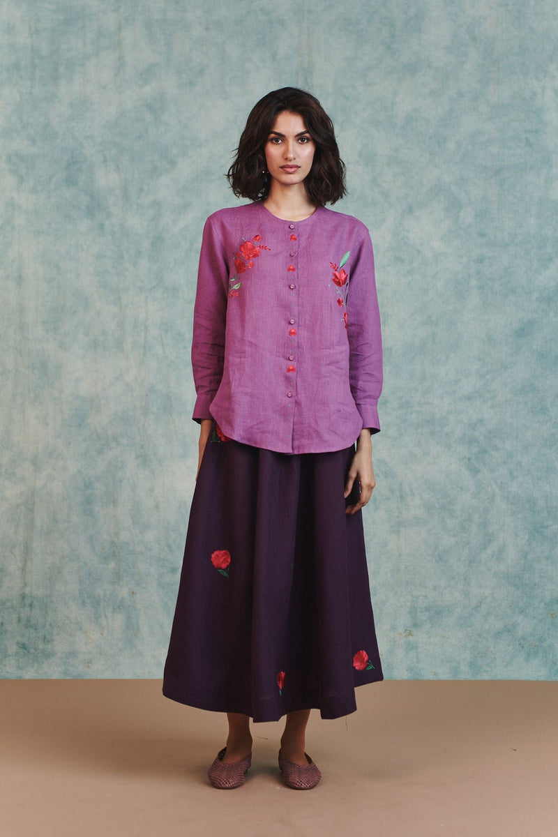 Berry Linen Embroidered Shirt and Plum Linen Flared Skirt Set 100% pure linen co-ord set by Saphed in lilac for women in Singapore