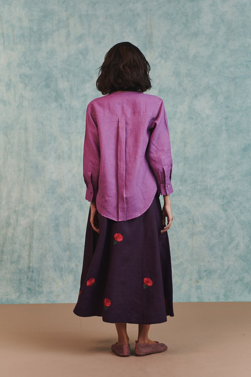 Berry Linen Embroidered Shirt and Plum Linen Flared Skirt Set 100% pure linen co-ord set by Saphed in lilac for women in Singapore