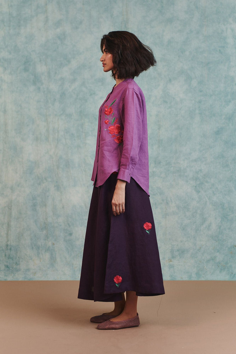 Berry Linen Embroidered Shirt and Plum Linen Flared Skirt Set 100% pure linen co-ord set by Saphed in lilac for women in Singapore
