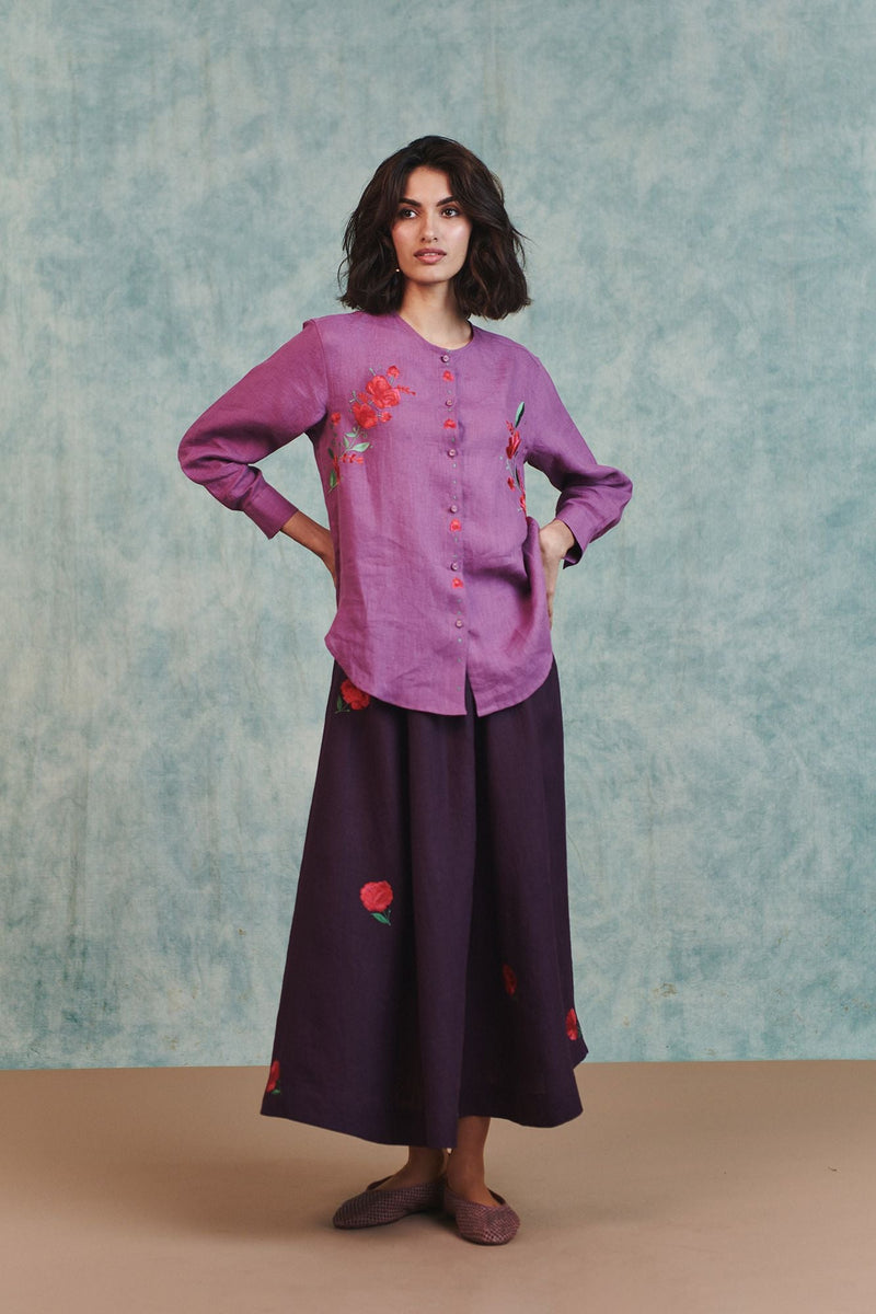 Berry Linen Embroidered Shirt and Plum Linen Flared Skirt Set 100% pure linen co-ord set by Saphed in lilac for women in Singapore
