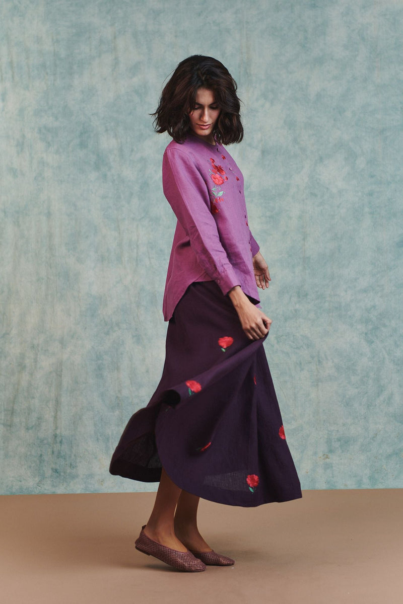 Berry Linen Embroidered Shirt and Plum Linen Flared Skirt Set 100% pure linen co-ord set by Saphed in lilac for women in Singapore