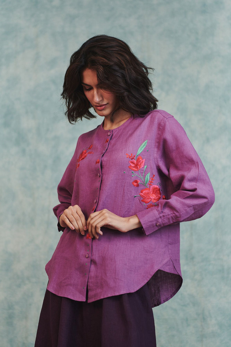 Berry Linen Embroidered Round Hem Shirt 100% pure linen top/shirt by Saphed in lilac for women in Singapore