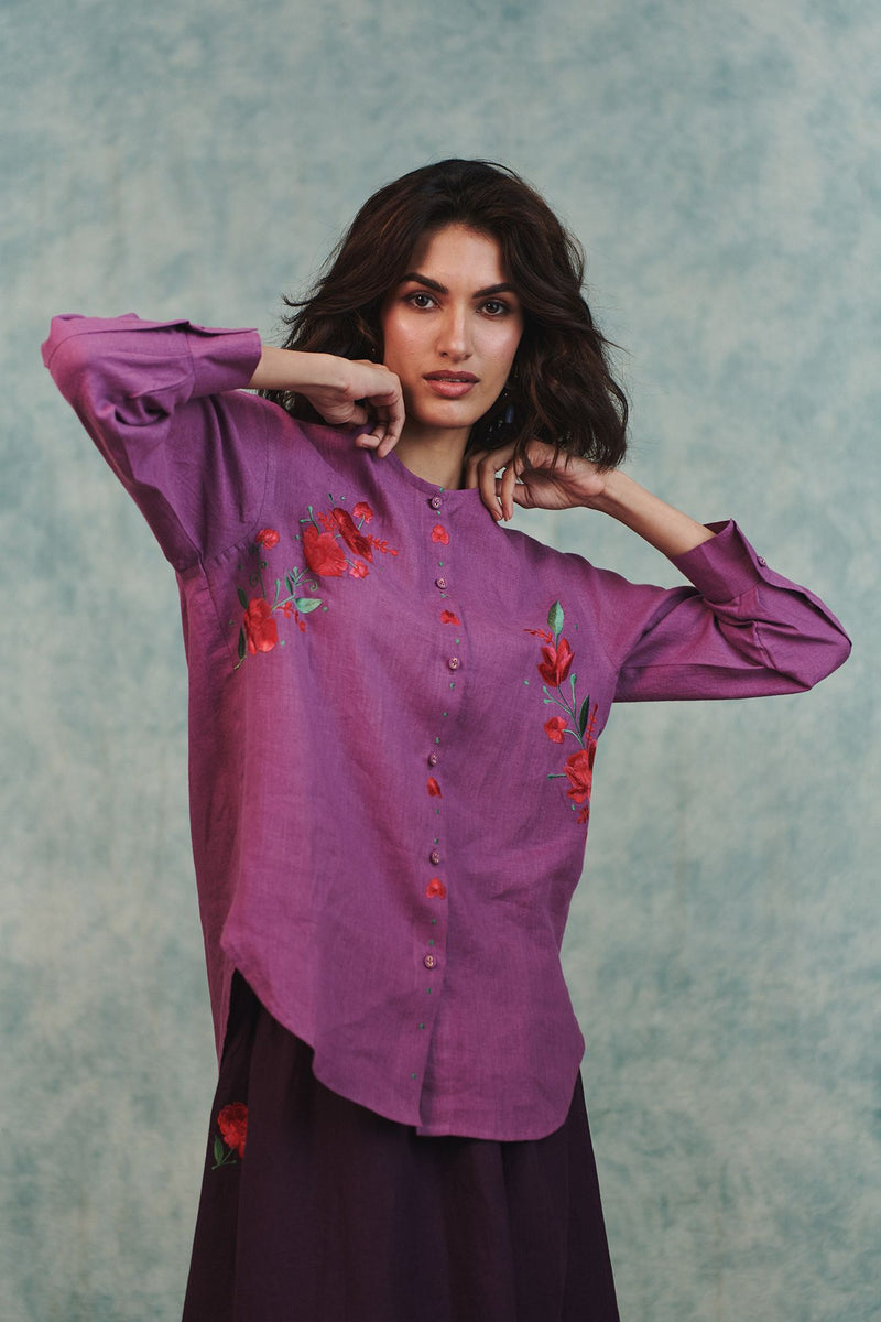 Berry Linen Embroidered Round Hem Shirt 100% pure linen top/shirt by Saphed in lilac for women in Singapore