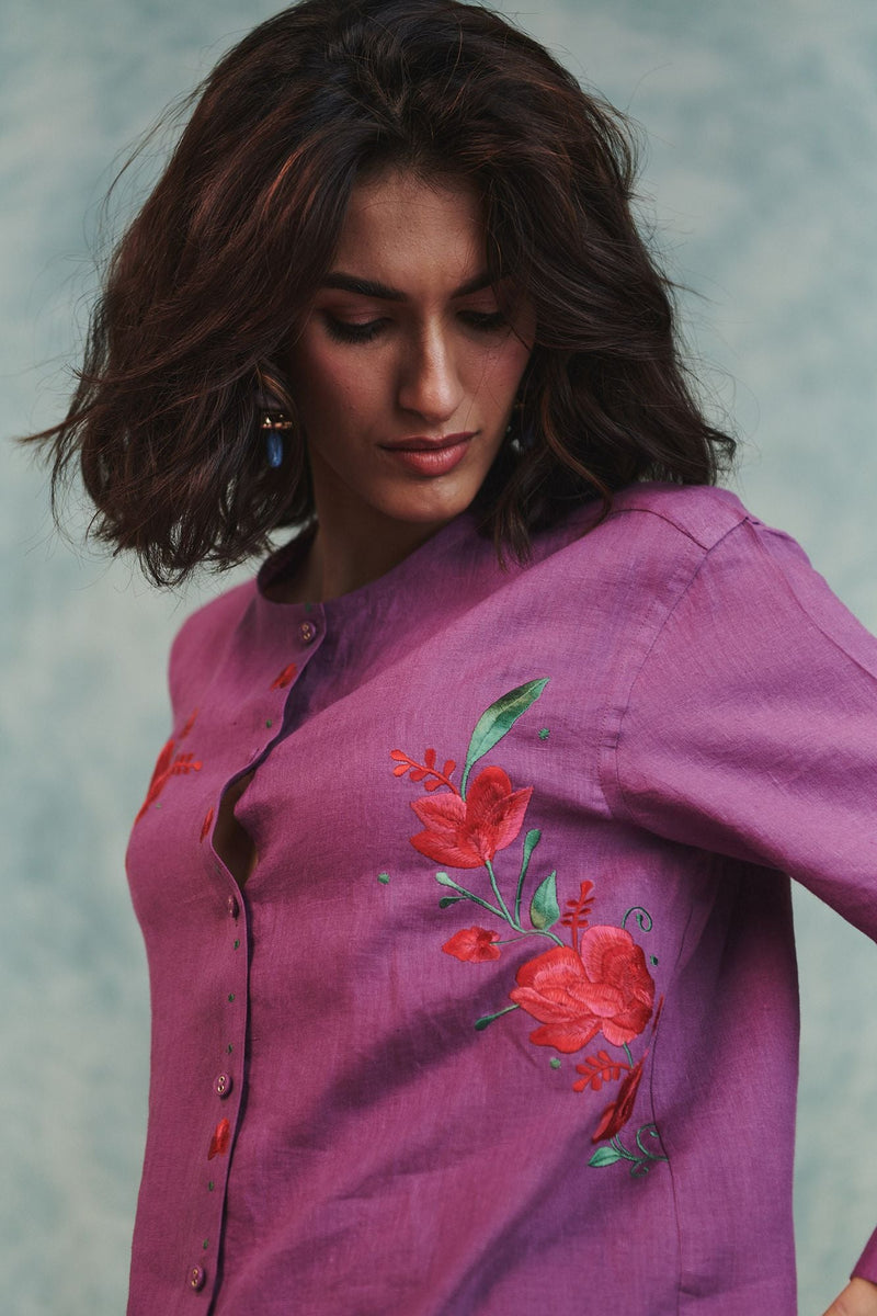 Berry Linen Embroidered Round Hem Shirt 100% pure linen top/shirt by Saphed in lilac for women in Singapore