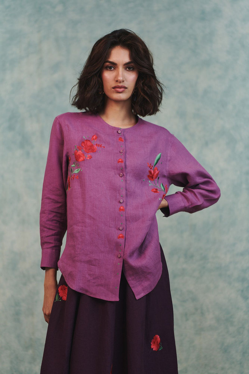 Berry Linen Embroidered Round Hem Shirt 100% pure linen top/shirt by Saphed in lilac for women in Singapore