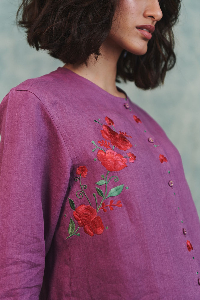 Berry Linen Embroidered Round Hem Shirt 100% pure linen top/shirt by Saphed in lilac for women in Singapore