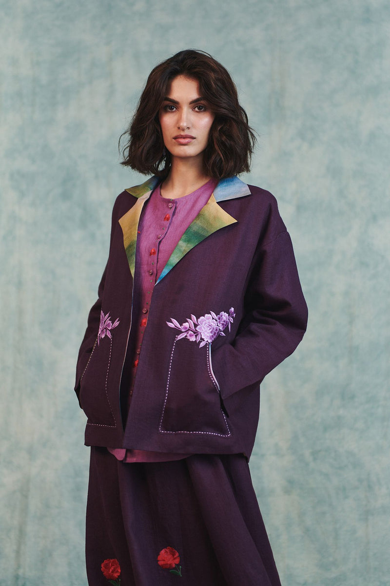 Plum Linen Unisex Embroidered Open Jacket 100% pure linen jacket/overlay by Saphed in plum for women in Singapore