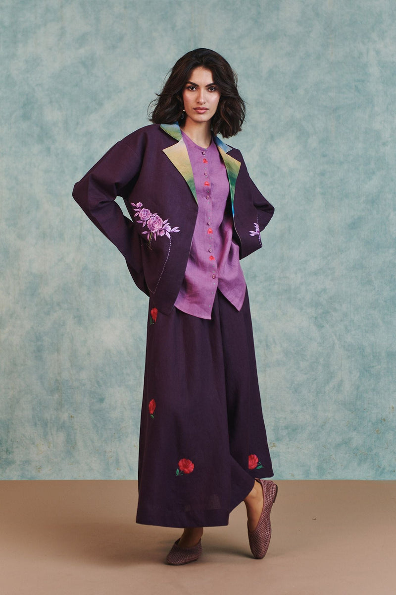 Plum Linen Unisex Embroidered Open Jacket 100% pure linen jacket/overlay by Saphed in plum for women in Singapore