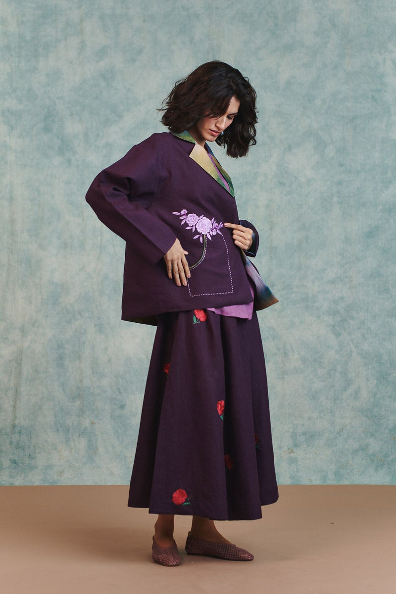 Plum Linen Unisex Embroidered Open Jacket 100% pure linen jacket/overlay by Saphed in plum for women in Singapore