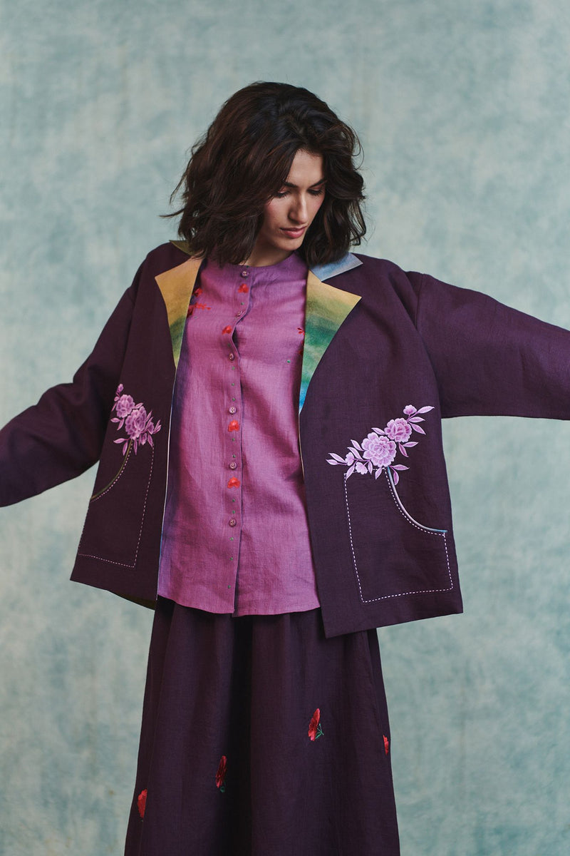 Plum Linen Sculpted Jumpsuit 100% pure linen jumpsuit by Saphed in plum for women in Singapore