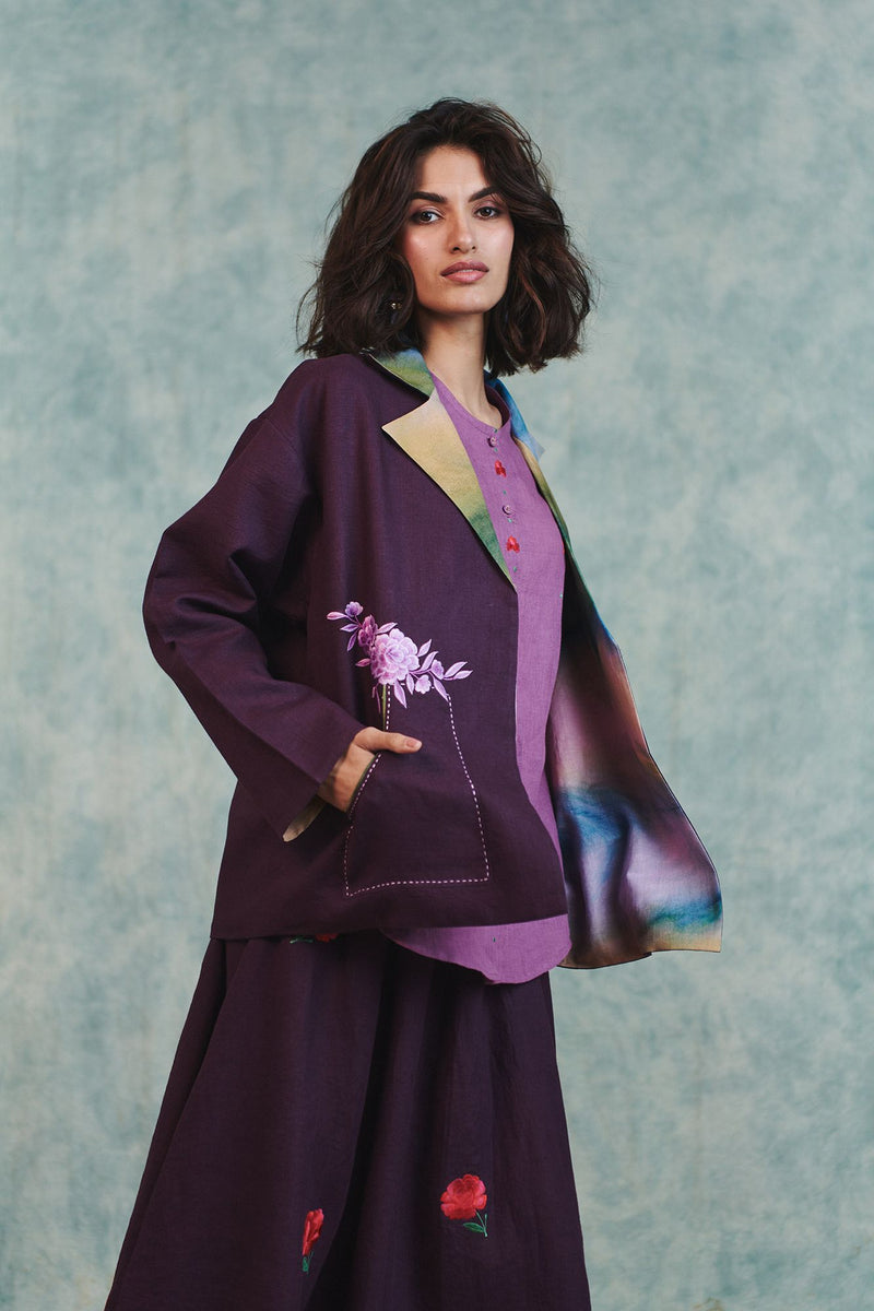 Plum Linen Sculpted Jumpsuit 100% pure linen jumpsuit by Saphed in plum for women in Singapore