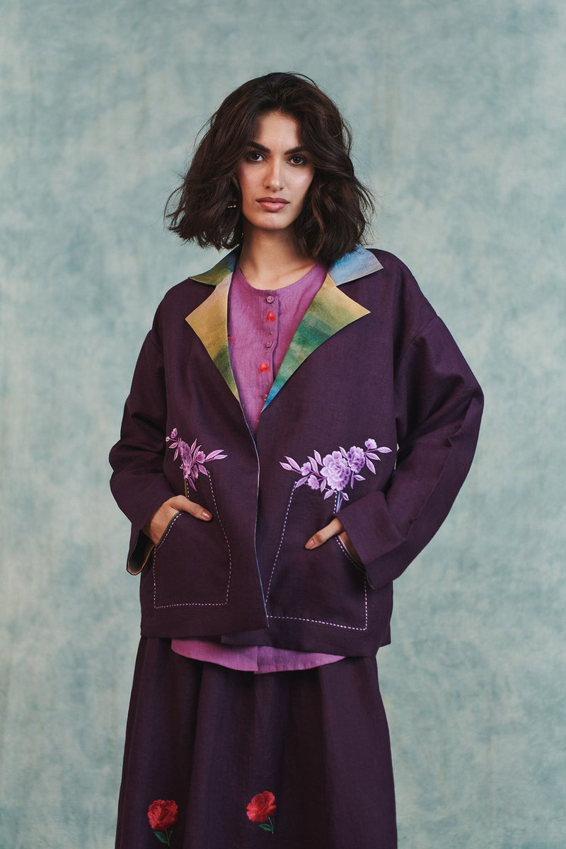 Plum Linen Sculpted Jumpsuit 100% pure linen jumpsuit by Saphed in plum for women in Singapore