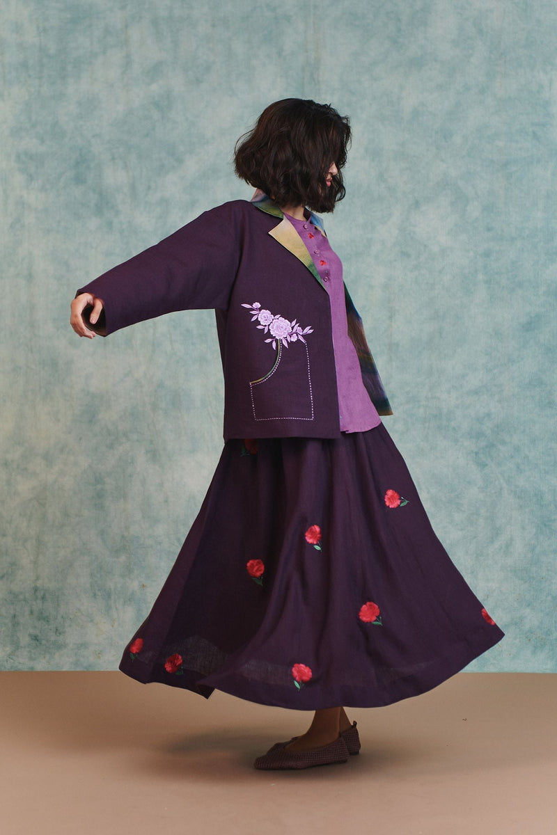 Plum Linen Embroidered Flared Skirt 100% pure linen skirt by Saphed in plum for women in Singapore