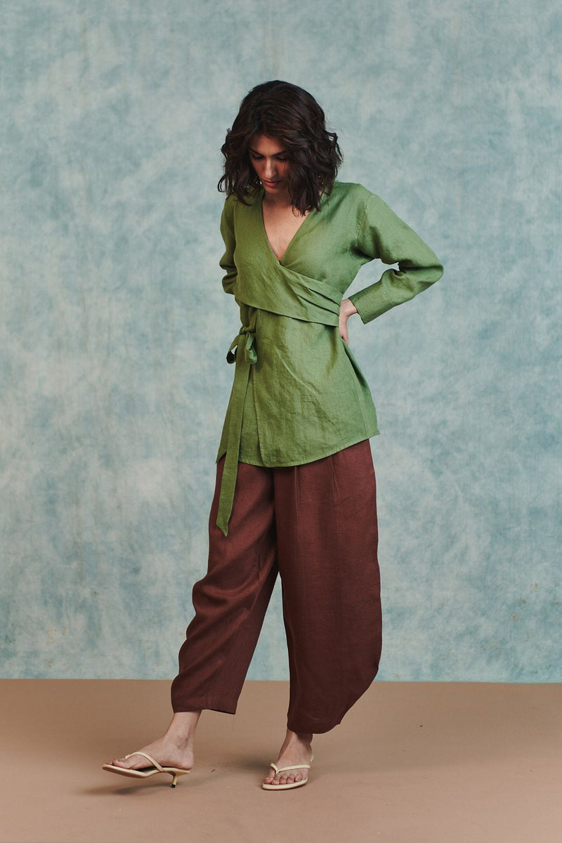 Chocolate Linen Billow Pants 100% pure linen pant/trouser by Saphed in brown for women in Singapore
