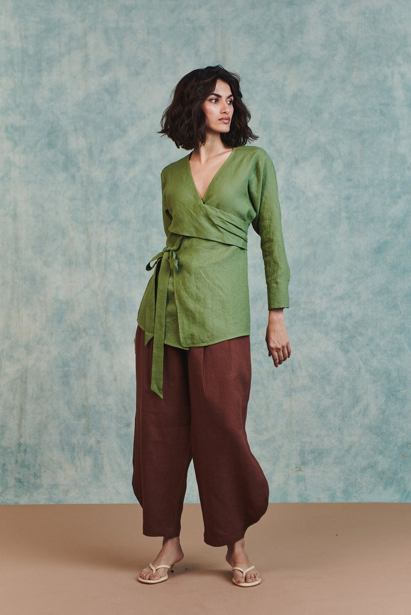 Chocolate Linen Billow Pants 100% pure linen pant/trouser by Saphed in brown for women in Singapore