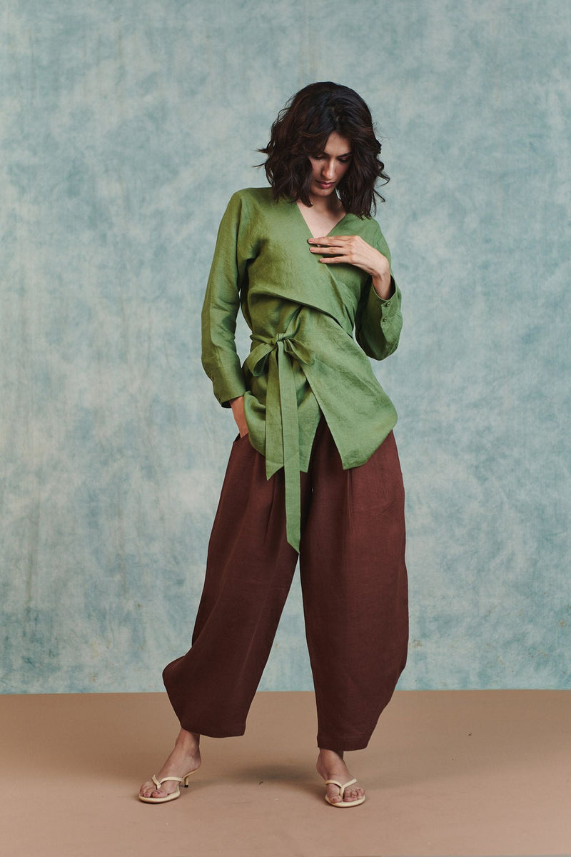 Chocolate Linen Billow Pants 100% pure linen pant/trouser by Saphed in brown for women in Singapore