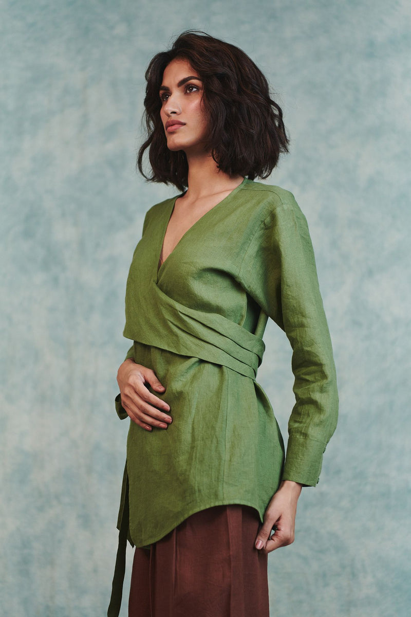 Moss Linen Wrap Top 100% pure linen top/shirt by Saphed in moss green for women in Singapore