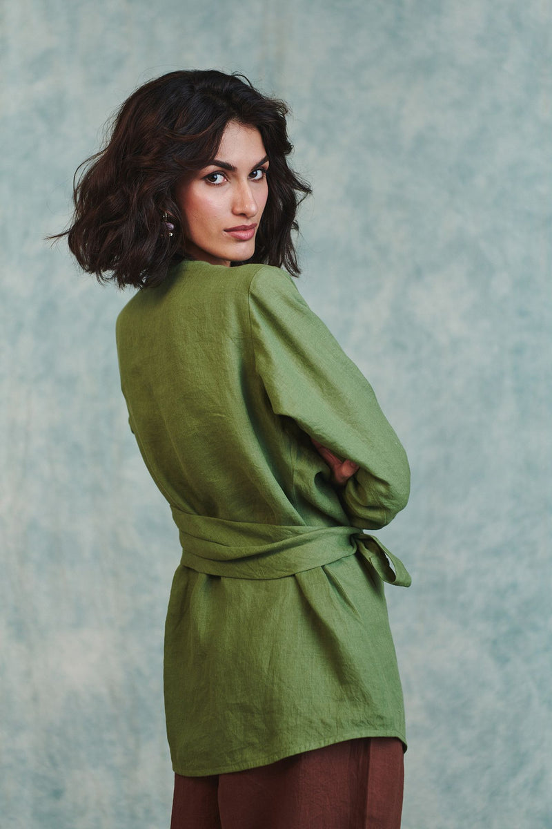 Moss Linen Wrap Top 100% pure linen top/shirt by Saphed in moss green for women in Singapore