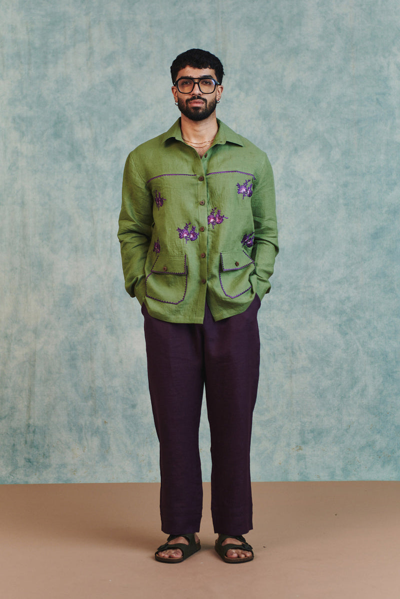 Moss Linen Embroidered Men's Overshirt linen shirt by Saphed Men in moss green for men in Singapore