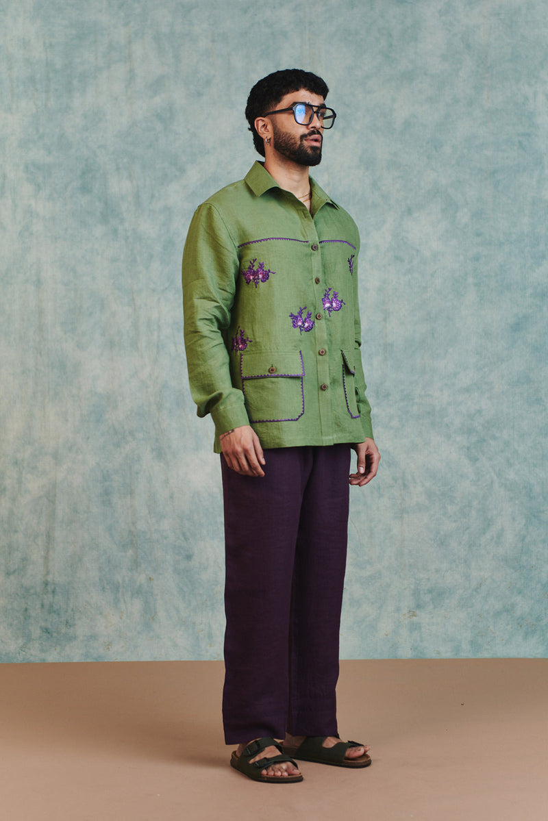 Moss Linen Embroidered Men's Overshirt linen shirt by Saphed Men in moss green for men in Singapore