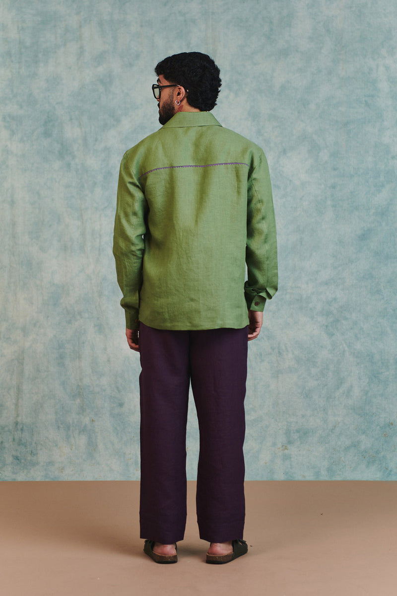 Moss Linen Embroidered Men's Overshirt linen shirt by Saphed Men in moss green for men in Singapore