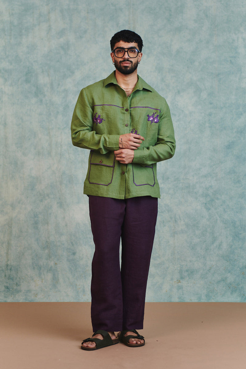Moss Linen Embroidered Men's Overshirt linen shirt by Saphed Men in moss green for men in Singapore