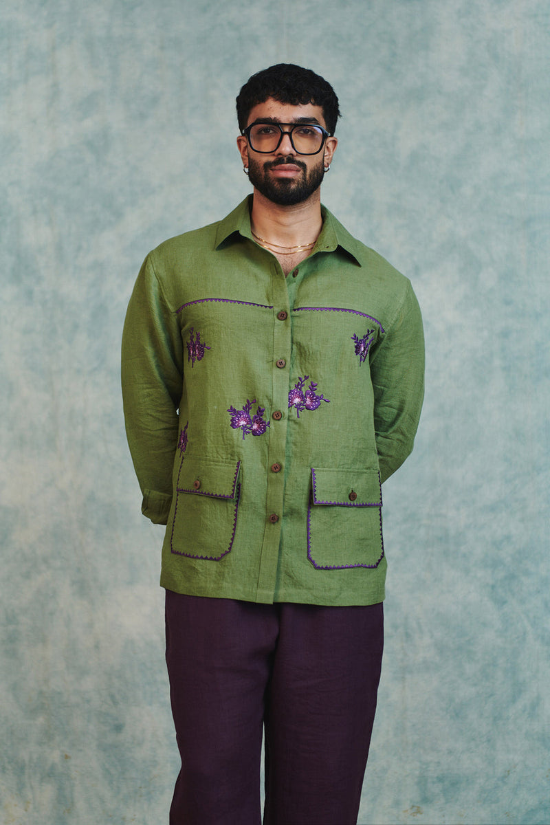 Moss Linen Embroidered Men's Overshirt linen shirt by Saphed Men in moss green for men in Singapore