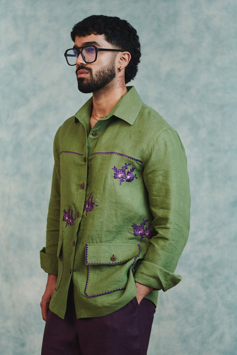 Moss Linen Embroidered Men's Overshirt linen shirt by Saphed Men in moss green for men in Singapore