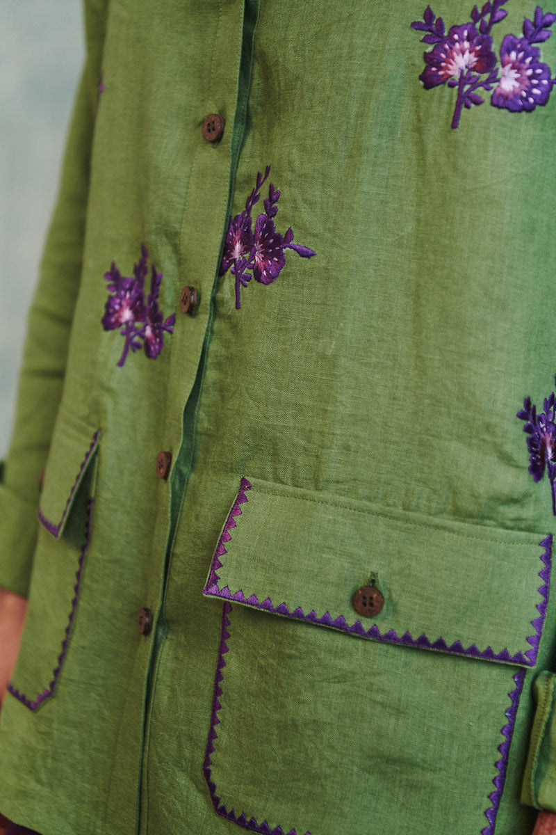 Moss Linen Embroidered Men's Overshirt linen shirt by Saphed Men in moss green for men in Singapore