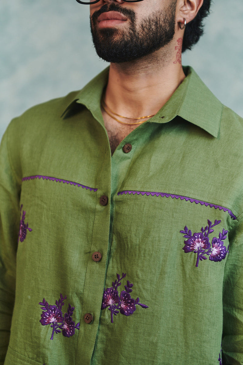 Moss Linen Embroidered Men's Overshirt linen shirt by Saphed Men in moss green for men in Singapore