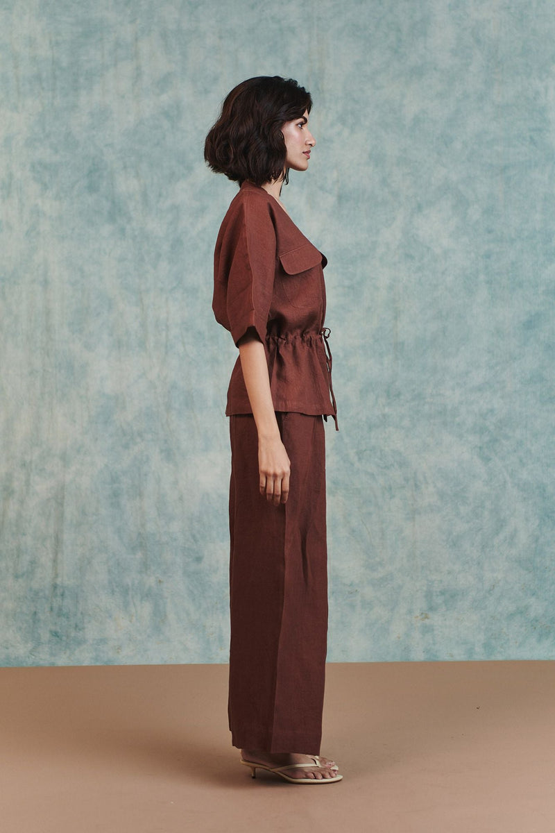 Chocolate Linen Pleated Tuck Pants 100% pure linen pant/trouser by Saphed in brown for women in Singapore