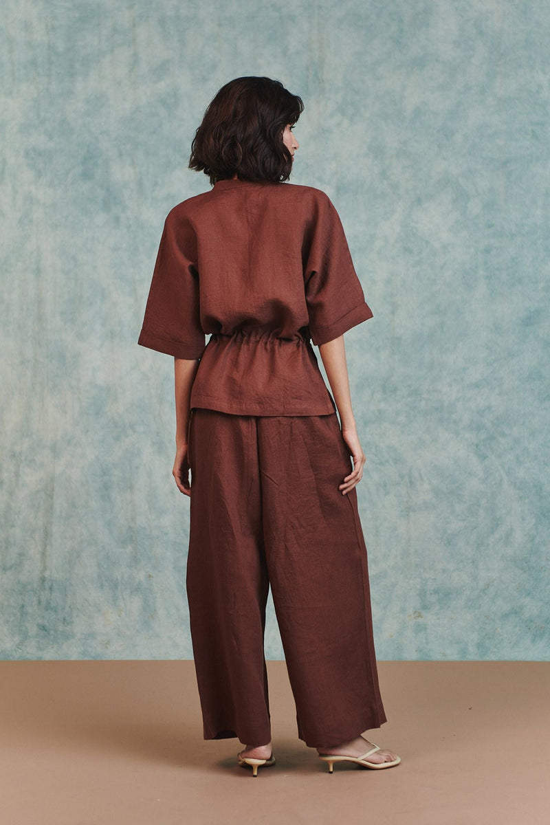 Chocolate Linen Pleated Tuck Pants 100% pure linen pant/trouser by Saphed in brown for women in Singapore