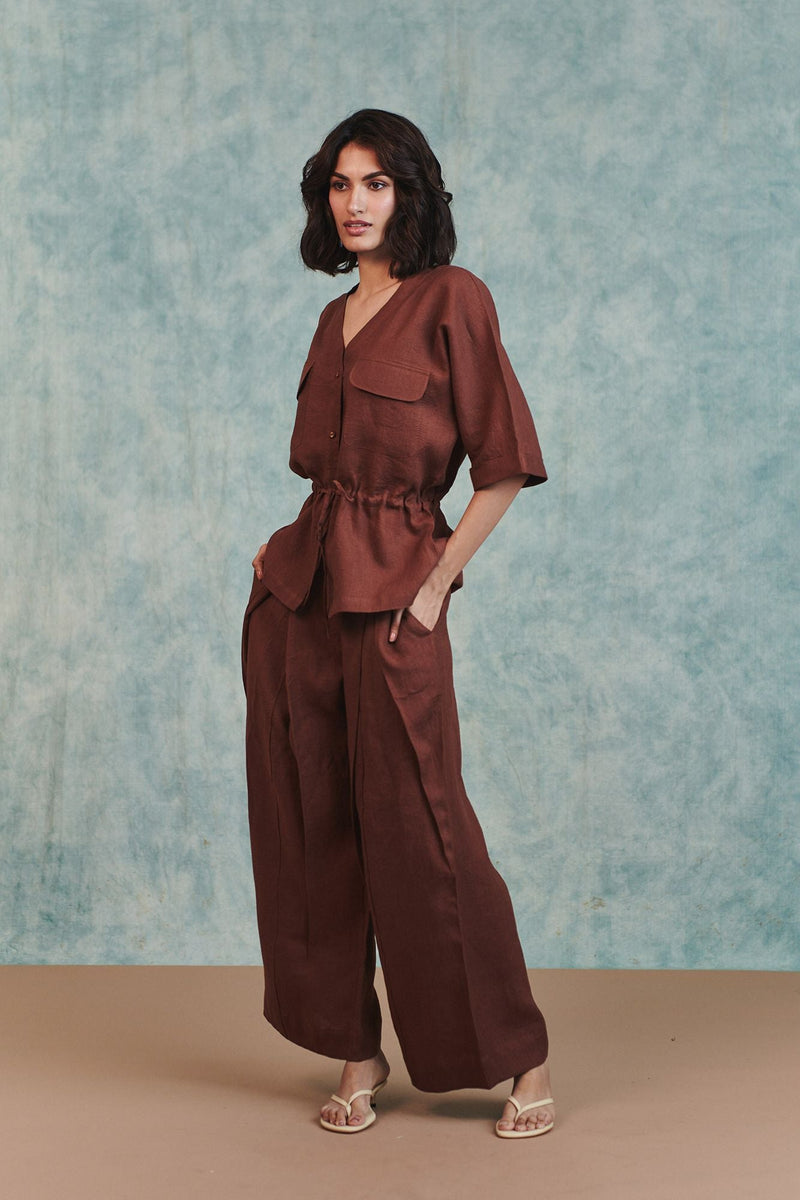 Chocolate Linen Pleated Tuck Pants 100% pure linen pant/trouser by Saphed in brown for women in Singapore