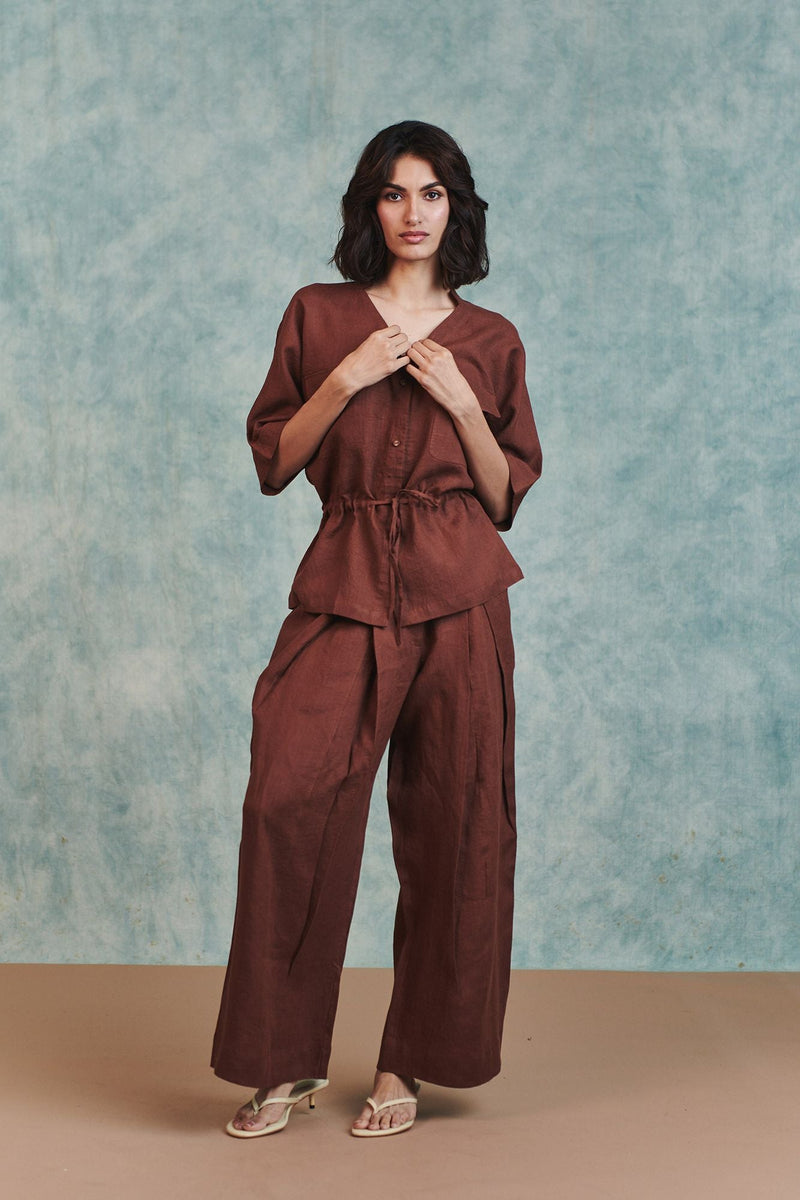 Chocolate Linen Pleated Tuck Pants 100% pure linen pant/trouser by Saphed in brown for women in Singapore