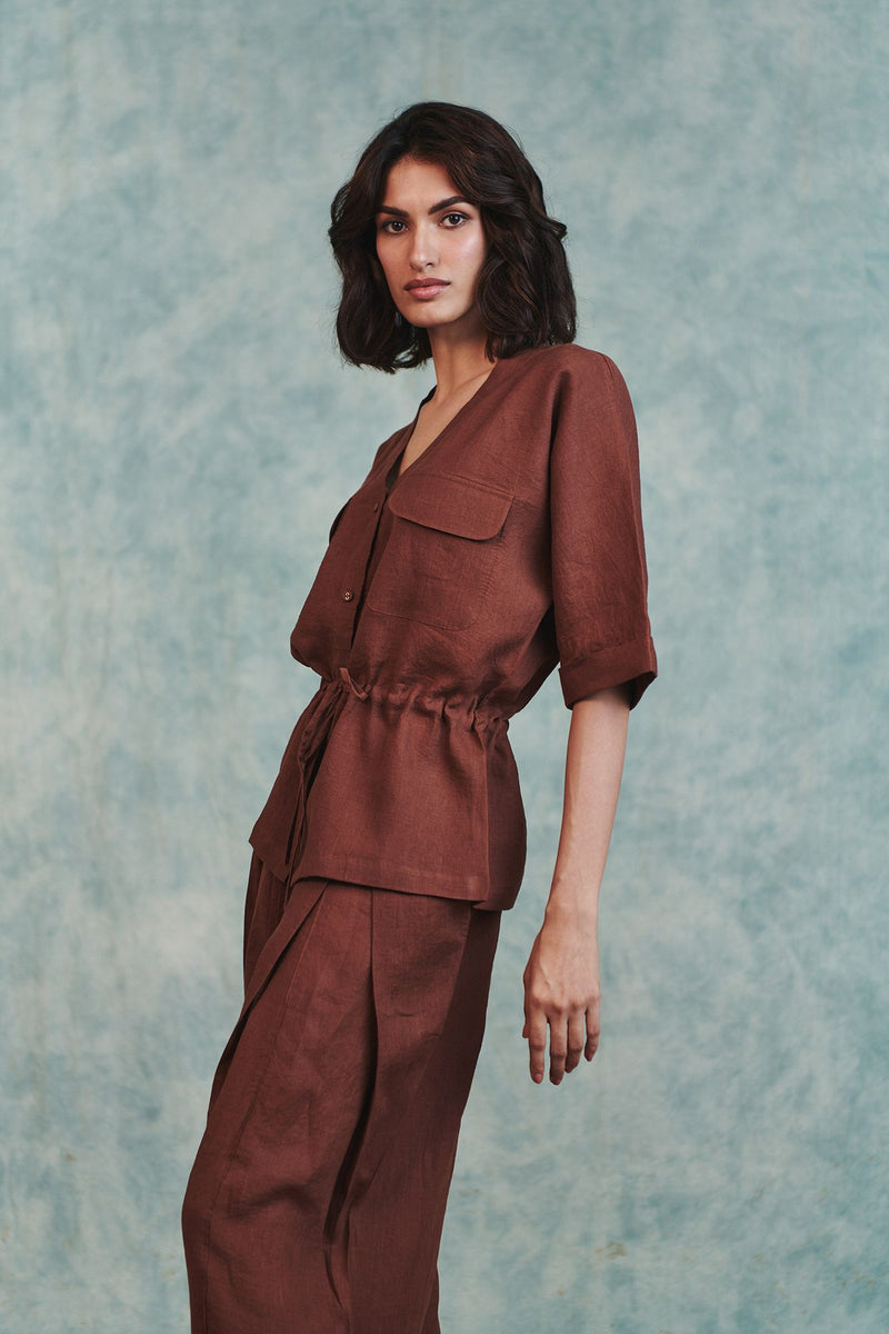 Chocolate Linen Drawstring Shirt and Pleated Tuck Pants Set 100% pure linen co-ord set by Saphed in brown for women in Singapore