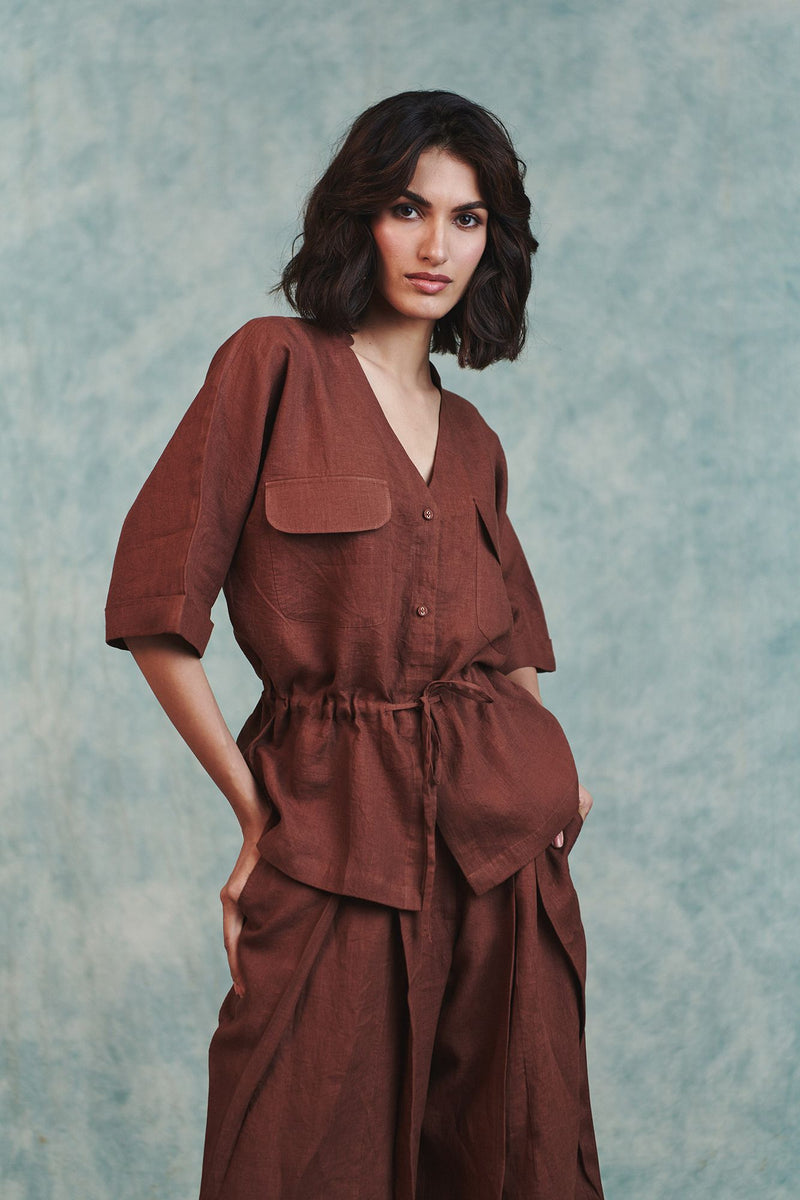 Chocolate Linen Drawstring Shirt 100% pure linen top/shirt by Saphed in brown for women in Singapore