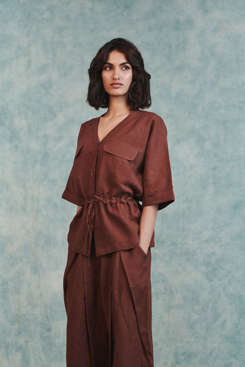 Chocolate Linen Drawstring Shirt and Pleated Tuck Pants Set 100% pure linen co-ord set by Saphed in brown for women in Singapore