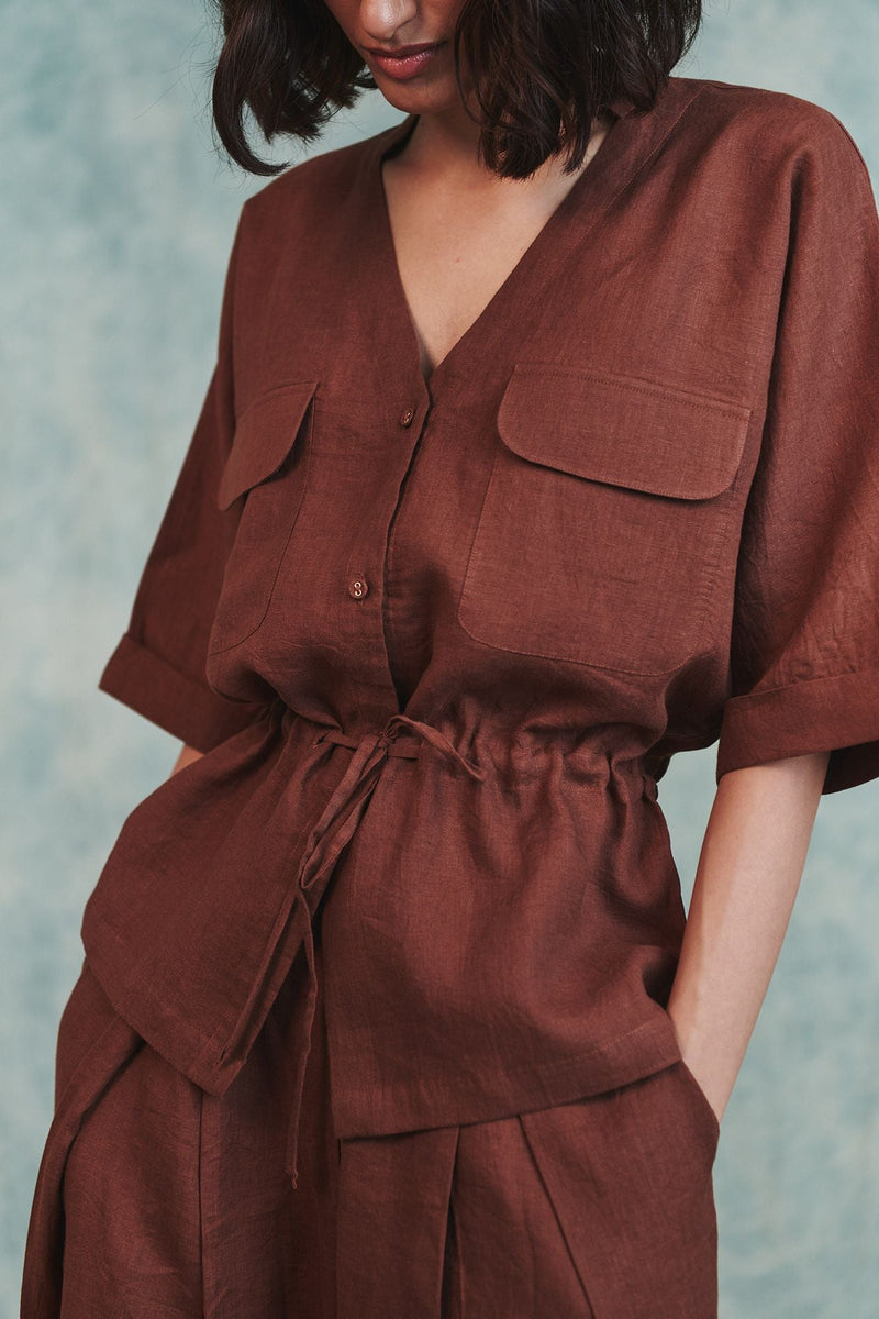 Chocolate Linen Drawstring Shirt 100% pure linen top/shirt by Saphed in brown for women in Singapore