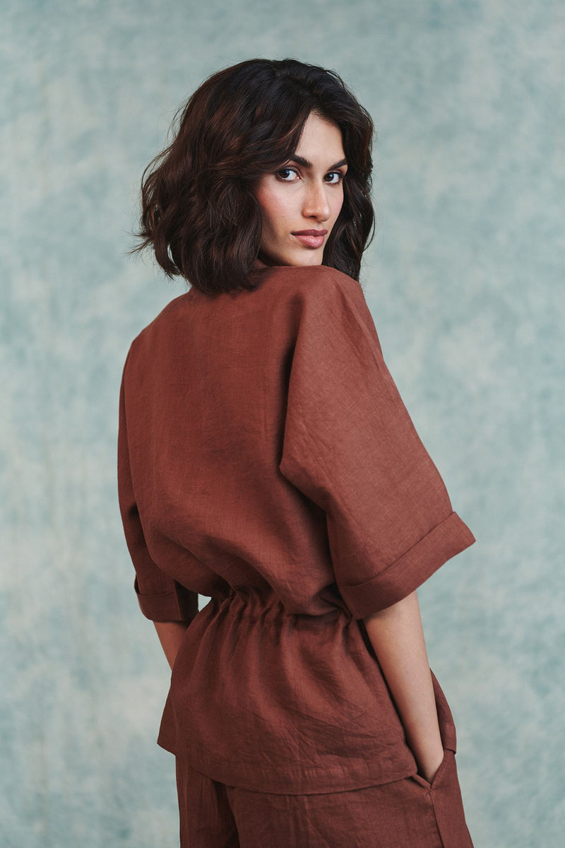 Chocolate Linen Drawstring Shirt and Pleated Tuck Pants Set 100% pure linen co-ord set by Saphed in brown for women in Singapore