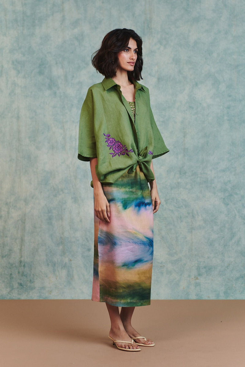 Moss Linen Applique Breeze Shirt 100% pure linen top/shirt by Saphed in moss green for women in Singapore