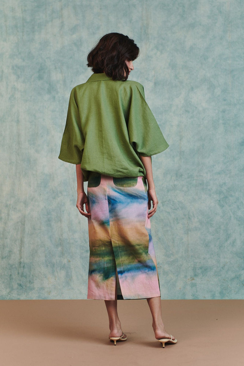 Moss Linen Applique Breeze Shirt 100% pure linen top/shirt by Saphed in moss green for women in Singapore